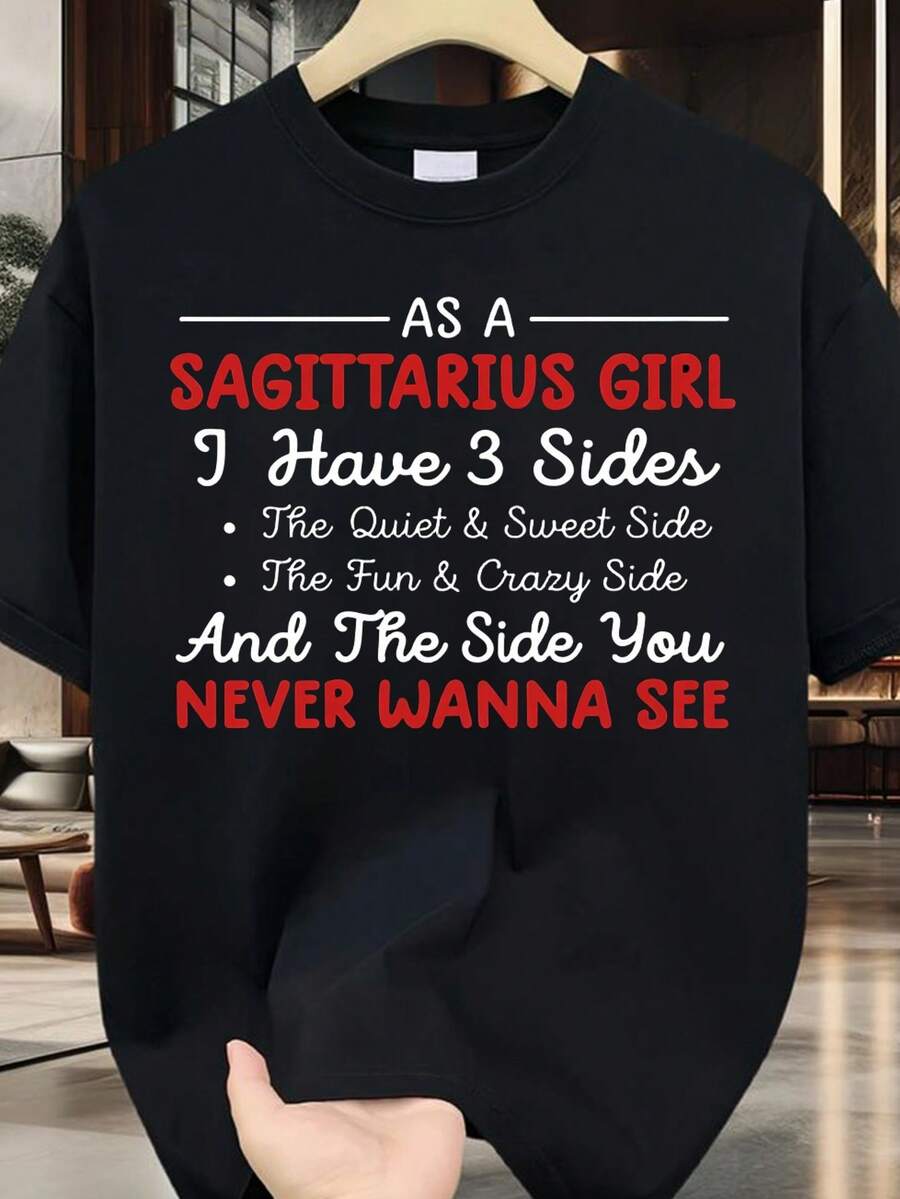 Camiseta del Zodíaco Sagitario para Hombre y Mujer - Estampado con Características de Sagitario (Lados Divertidos, Dulces y Extraños) - Camiseta de Manga Corta con Cuello Redondo, Suave y Transpirable - Regalo de Astrología para Hombre y Mujer Sagitario, Talla Grande - Negro - Ver 1