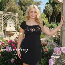 MOD Colorful Floral Embroidered Shell Sleeve Black Plus Size Mini Dress,Summer Outfits For Women ,Beach Outfits For Woman,Festival Outfits For Women,Birthday Dresses For Women - Negro - Ver 1