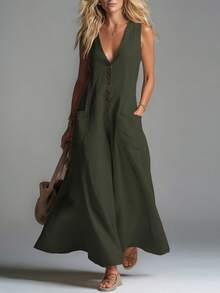 New Spring-Summer Dress For Women, Casual Style, Solid Color, Deep V-Neck, Patch Pockets, Flattering Design, Perfect For Daytime Looks, Walks And Informal Occasions - Olive Green - View 7