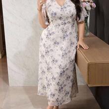 Plus Size Elegant Floral Print V-Neck Waist Tie Dress, Summer - Multicolor - Ver 6