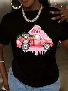 Camiseta gráfica de manga corta para mujer con diseño de camión rosa y conejo de Pascua, estilo casual, para el Festival de Primavera. - Negro - Ver 2