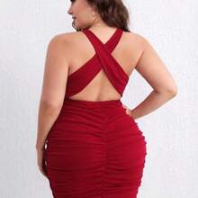 Privé Plus Crisscross Backless Ruched Bodycon Dress - Rojo - Ver 1