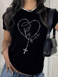 Camiseta de mujerCamiseta gráfica de manga corta con rosario de la Virgen María, estampado de corazón y cruz, top casual de estética religiosa.Cómoda y ligera - Negro - Ver 1