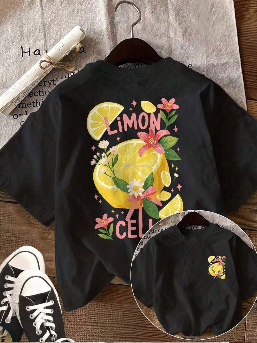 Fashionable Women's Casual T-Shirt With A Double-Sided Print, Suitable For Both Spring And Summer, Featuring A Fresh Lemon Floral Design, Round Neck, And Short Sleeves - Unisex Loose-Fitting Cotton T-Shirt In An Urban Vintage Style With A Round Neck And Short Sleeves. Soft - 黑色 - 查看 1