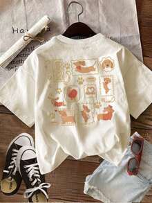 Gift Pattern Double-Sided Print [Double-Sided Printing] Women's Casual Summer T-Shirt With Dachshund Paw Print, Short-Sleeved Crew Neck T-Shirt - Unisex Loose-Fitting Cotton Short-Sleeved Crew Neck T-Shirt In A Vintage Urban Style. Soft - 杏 - 查看 3