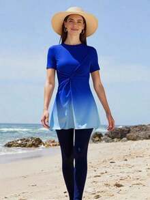 Swim Shayni Conjunto de 2 piezas de burkini de verano para mujer con manga corta y pantalón largo en estilo ombré de moda para jóvenes de Oriente Medio - Multicolor - Ver 4