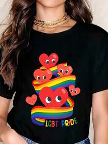 Camiseta Gráfica de Verano para Mujer, Estilo Casual, Corte Holgado, Cuello Redondo, Manga Corta, Estampado de Corazones Arcoíris Orgullo LGBT - Negro - Ver 1