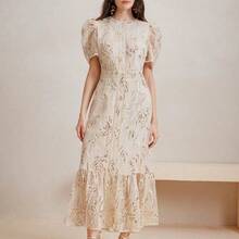 Women Elegant Floral Lace Patchwork Sequins Rope Embroidered Round Neck Short Sleeve Dress - Blanco - Ver 6