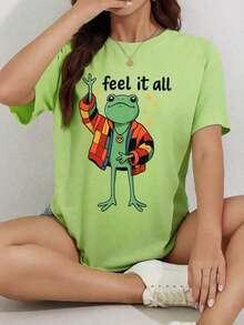And  Women's T-Shirt, Funny Frog With Coat, Graphic Tee - Frog Print And "Feel It All" Slogan, Loose Fit, Crew Neck, Short Sleeve For Everyday Wear Men's T-Shirt Tops Sweatshirts For Women Y2k T-Shirt Shirt - 白色 - 查看 9