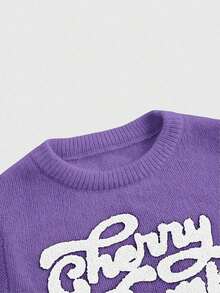 Chaleco de punto para mujer, estilo universitario, lindo e inocente, con bordado de cerezas, cuello redondo y mangas de murciélago. - Morado - Ver 6