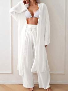 Swim Chiccia Kimono largo de verano para mujer con abertura lateral de unicolor, cubrecuerpo - Blanco - Ver 7