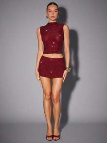 Haute Top de malla con doble capa, cuello alto, color rojo burdeos, con aplicaciones de strass, para fiesta de verano sexy - Burdeos - Ver 3