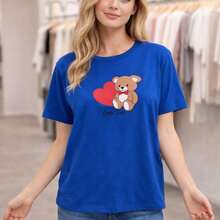 Women's Plus Size Cotton T-Shirt M-5XL, Short Sleeve And Round Neck, With A Cute Teddy Bear And Red Heart Print, Loose Fit, Ideal For Everyday Wear, Soft And Comfortable Fabric, Perfect For Spring And Summer, Fashionable Graphic T-Shirts For Curvy Women. - 藍色 - 查看 12