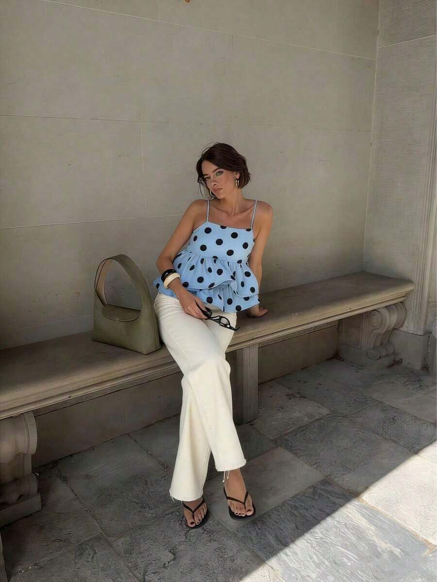 Nuevo top de camisola elegante y casual de primavera/verano para mujer con estampado de lunares de doble capa con volantes - dobladillo con doble volante, plisado, tirantes ajustables, ligero para uso diario, viajes, Día de San Valentín - Celeste - Ver 1