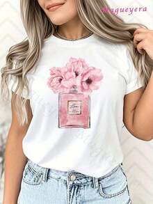 Camiseta Casual para Mujer con Estampado de Botella de Perfume y Flores, Manga Corta y Cuello Redondo, Ideal para Todas las Estaciones - Moda Primavera y Verano - Blanco - Ver 1