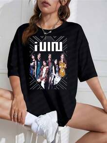 Camiseta Unisex con Estampado de Grupo K-Pop, Cuello Redondo, Manga Corta, Diseño Oversized, Ideal para Fans - Negro - Ver 1