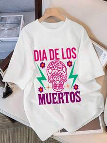 Camiseta Gráfica de Calavera de Azúcar para el Día de los Muertos para Mujer - Diseño de Arte Folclórico Mexicano con Texto del Día de los Muertos, Corte Holgado, Cuello Redondo, Manga Corta, Estilo Casual - Blanco - Ver 1