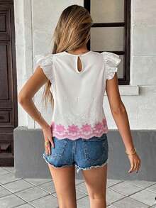 Blusa de verano casual de vacaciones con bordado floral y volantes en las mangas - Rosa - Ver 4