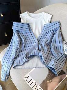 Nueva llegada Camisa de manga larga a rayas azul claro cómoda y casual para uso diario, blusa elegante y de moda de manga larga con hombros descubiertos - Multicolor - Ver 3