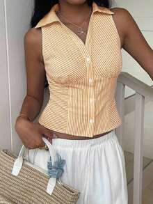 Camisa informal sin mangas con botones delanteros, de tejido negro, para verano - Amarillo - Ver 3
