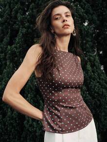 Camisa sin mangas con lazo en la espalda de unicolor, elegante, casual, sexy y minimalista para uso en la oficina y negocios para mujeres, primavera/verano - Marrón Chocolate - Ver 4