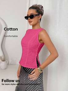 Camisa blanca de lino sin mangas, ajustada, con botones de nudo de bambú, estilo vintage para oficina - Rosa Fucsia - Ver 4