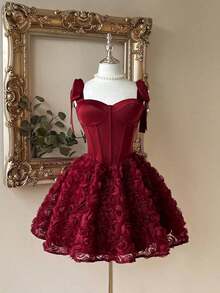 Elegante, romántico y de moda vestido de satén color café con hombros descubiertos y cola de sirena, con decoración floral 3D y volantes en el bajo, adecuado para fiestas de solteros, bodas, graduaciones, vacaciones, tardes de té y ocasiones formales - Burdeos - Ver 8