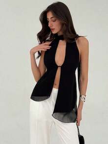 Top con cuello halter y espalda descubierta, asimétrico y sexy para mujer - Negro - Ver 8