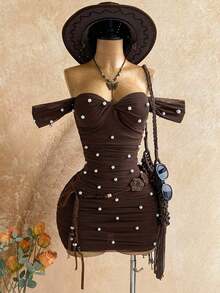 Vestido ajustado sin tirantes con hombros descubiertos y malla de punto para vacaciones - Marrón - Ver 3