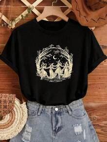 Womens Casual negro cuello redondo de manga corta de manga corta de cuello de punto camiseta con Witchy Forest Print Drop Shoulder Top 50P3 - Negro - Ver 8