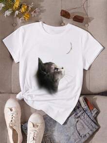 Camiseta de mujer de manga corta con cuello redondo, holgada, casual y versátil.Con estampado moderno, elegante y sofisticado de letras simples, ideal como prenda básica; confeccionada en tela suave con excelente caída TJ8Y - Blanco - Ver 2