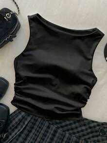 2 piezas Camiseta ajustada con pliegues versátil y casual para mujer - Negro 2 - Ver 4