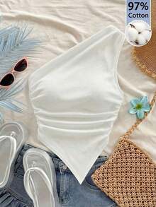 Blusa casual de unicolor con hombros oblicuos y ajustada, apropiada para el verano - Blanco - Ver 6