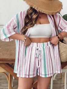 VCAY Conjunto de 2 piezas de camisa y shorts a rayas azules y blancas para mujer de talla grande, ropa de verano para vacaciones en la piscina, estilo boho chic, ropa de mujer, conjuntos para brunch, ropa para el aeropuerto, ropa para vacaciones en la playa, ropa para escapadas urbanas, ropa de vacaciones, ropa occidental para mujer, ropa occidental para mujer, conjuntos de verano europeos para vacaciones en la isla, conjuntos para luna de miel, conjuntos de estilo Old Money South Beach, conjuntos de la  de Amalfi, conjuntos de encaje, top de encaje. - Multicolor 3 - Ver 13