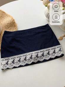 Falda corta de verano informal para mujer con cintura baja de unicolor - Azul marino - Ver 3