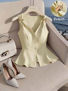 camiseta de tirantes sin mangas con cuello en V y diseño de hebilla metálica minimalista y elegante que estiliza la cintura, para mujer, de verano - Albaricoque - Ver 1