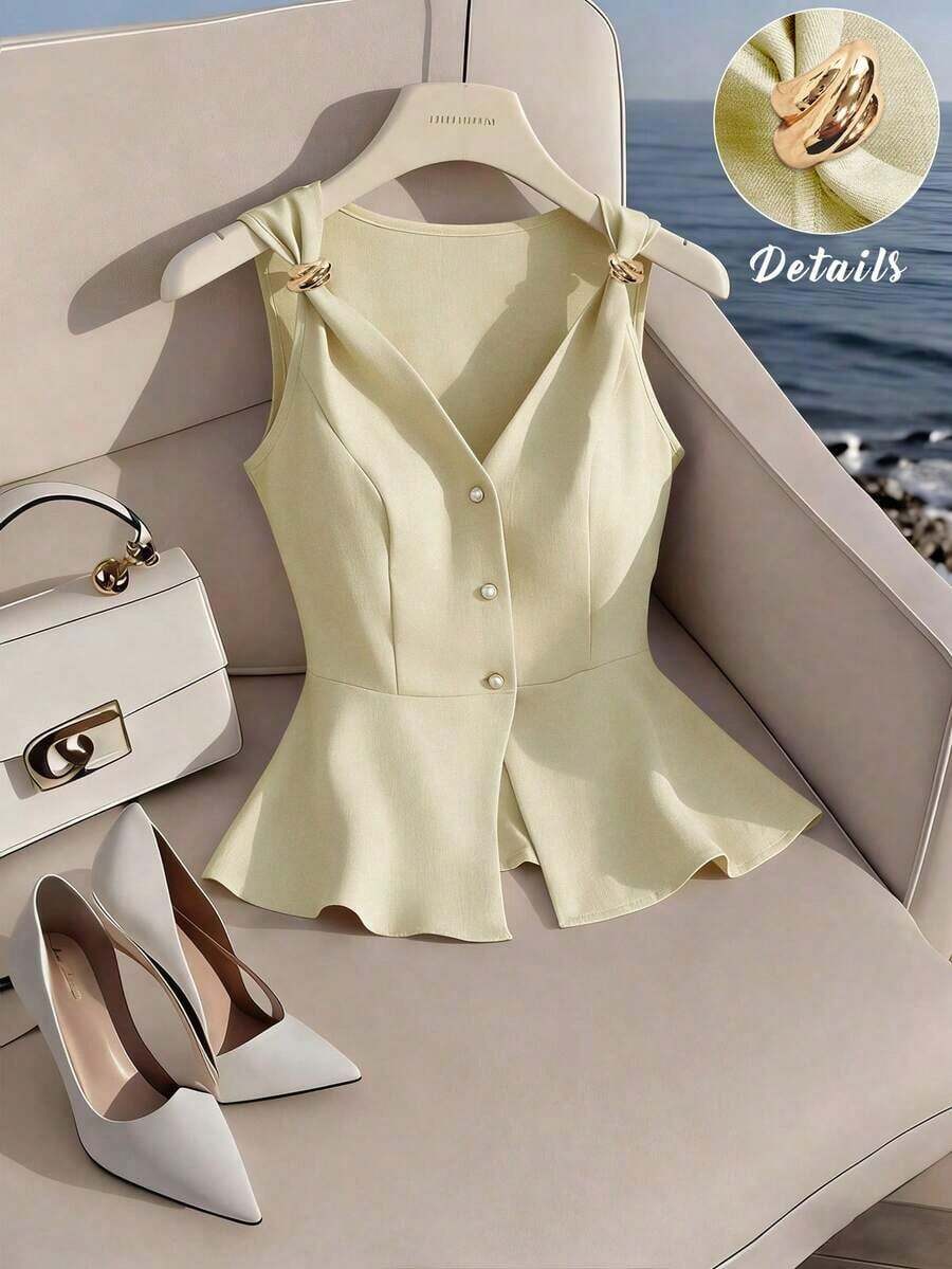 camiseta de tirantes sin mangas con cuello en V y diseño de hebilla metálica minimalista y elegante que estiliza la cintura, para mujer, de verano - Albaricoque - Ver 1