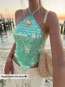 Top halter con espalda descubierta y lentejuelas sexy para mujer, ideal para verano, vacaciones en la playa, estilo bohemio, tropical, conciertos, festivales, country, Ibiza, Nashville, estilo occidental, boho, streetwear, gyaru - Verde 2 - Ver 6