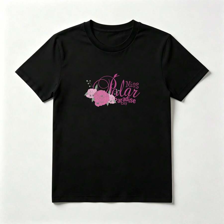 Pink Roses Women's Comfortable Black Cotton T-Shirt - 黑色 - 查看 1