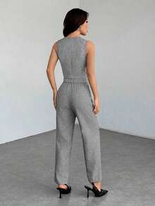 PETITE Conjunto de chaleco sin mangas de frente abierto y pantalones holgados para otoño/invierno - Gris Claro - Ver 2