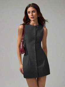 Tall Vestido mini elegante de unicolor con cuello redondo y sin mangas para mujer - Gris Oscuro - Ver 8