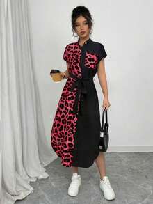Vestido largo de manga corta para verano 2025, nuevo, con bolsillo, abertura lateral, cinturón y lazo, estampado de leopardo, para uso casual y de viaje - Rojo 2 - Ver 4