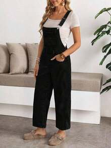 Women's Black Denim Overalls With Straps, Cargo Pockets, Long Length, Elegant & Vintage Style Jumpsuit For Fall - Black - View 5