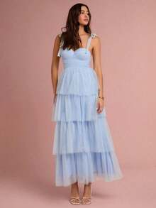 Vestido de mujer elegante de unicolor con tirantes de malla - Celeste - Ver 3