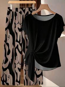 Conjunto de 2 piezas de blusa con lazo y pantalones rectos para mujer, informal - Multicolor 3 - Ver 2