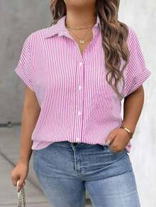 Vionelle Blusa casual de talla grande para mujer con estampado de rayas azul y blanco, de manga corta y abotonada, para el verano - Rosa - Ver 1