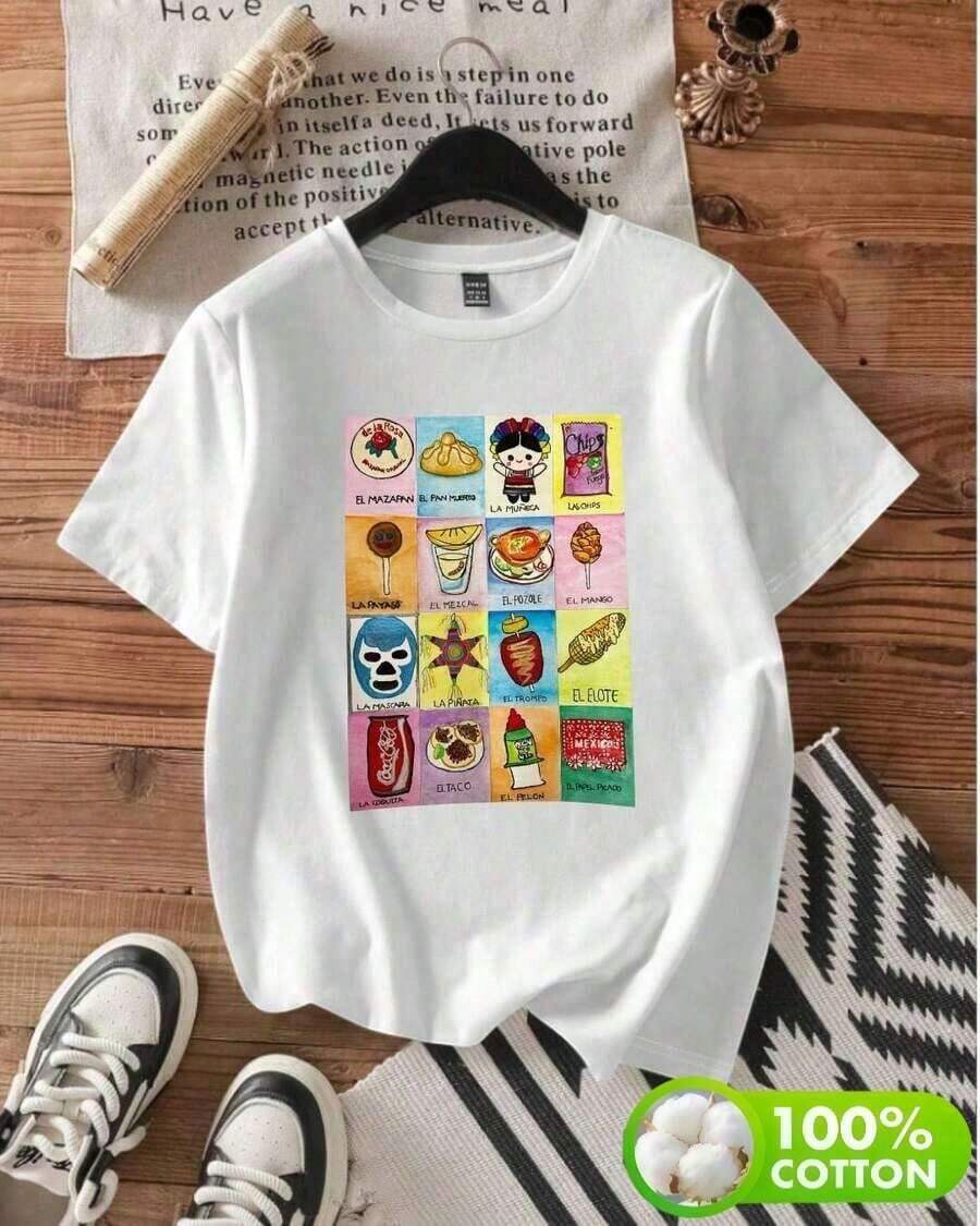 SimpieAndVersatileDesignRopa de mujer de ,Camiseta mujer casual algodón blanca holgada cuello redondo manga corta primavera verano uso diario con diseño de LOTERIA 2 tipica mexicanaCottonT-Shirt - Blanco - Ver 1