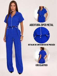 Women's Long Tailored Linen Set - Cropped Blouse And Pants - BLUE TIK LINEN - View 5