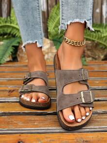 Women's Suede Leather Mule Clogs With Soft Cork Insole, Open Toe Flat Summer Sandals, Slip-On Beach Shoes, Plus Size Brown Khaki Casual Sandals - Khaki - View 4
