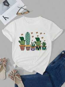 Camiseta casual de manga corta con estampado de cactus bonsái para mujer, top de verano con cuello redondo - Camiseta unisex de estilo vintage urbano, holgada, de algodón 100% puro. - Blanco - Ver 1